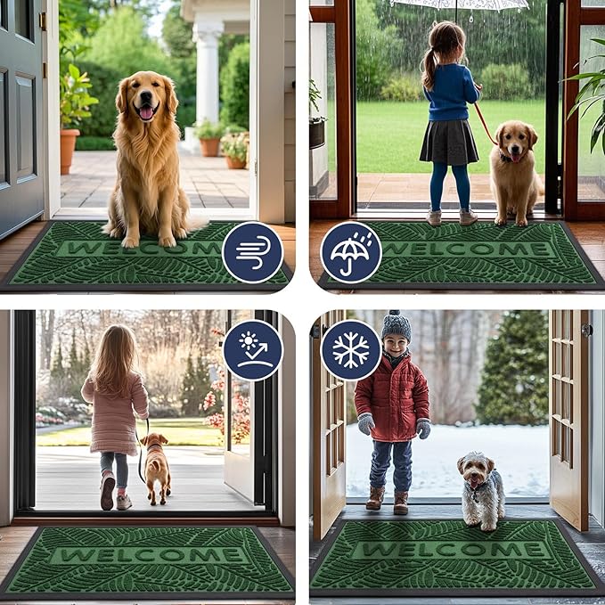 Smiry Welcome Mat Indoor Outdoor, All-Season Waterproof Front Door Mat, Sturdy Natural Rubber Doormat, Non-Slip, Easy Clean, Low Profile Dirt Trapper for Porch Patio Entrance, 47x32, Green