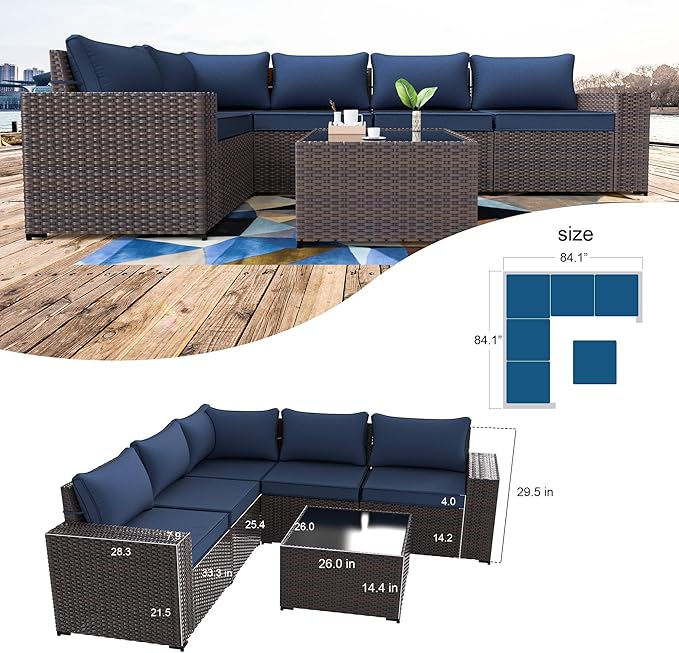 Kullavik 9 Pieces Outdoor Patio Furniture Set,PE Wicker Rattan Sectional Sofa Patio Conversation Sets with Tempered Glass Table,Swivel Rocking Chairs Set,Navy Blue