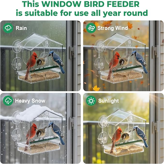 Window Bird Feeder with Non-Marking Self-Adhesive Hooks, Clear and Transparent, Outdoor Wild Bird Watching Gift for Finches, Cardinals (1 Large+1small Wihte)