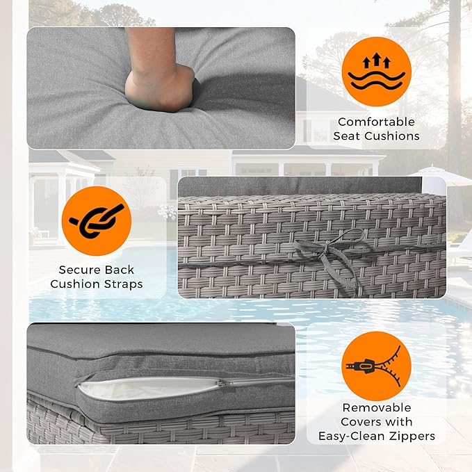 8-Seat Outdoor Wicker Patio Furniture Set with Fire Pit Table, Modular Rattan Sectional Sofa & 2 Swivel Rocking Chairs, 4" Thick Cushions, Rust-Resistant Frame,Gray