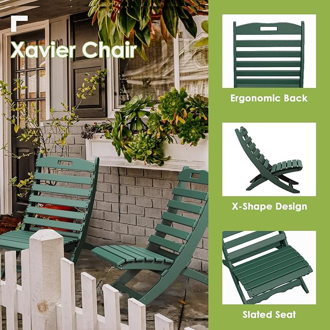 GREENVINES Folding Wave Chairs Set of 4 | Xavier | Portable Adirondack Chair | HDPE | All Weather | Forest | for Fire Pit Beach Poolside Outdoor Deck Garden Patio Porch Fishing