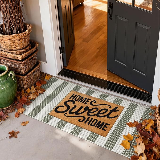 Boho Striped Front Door Mat Outside Entrance 2x4.3,Green and White Washable Porch Rug Runner,Cotton Hand Woven Indoor Outdoor Rugs,Foldable Farmhouse Layered Door Mats for Entryway
