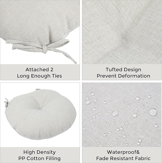 Bistro Chair Cushions 15 inch,Set of 2,Tufted Round Chair Cushions with Ties,15"x15"x4",Water Resistant Round Seat Cushion for Barstool Chairs,Patio Garden Kitchen Outdoor Furniture(Cloud Gray)