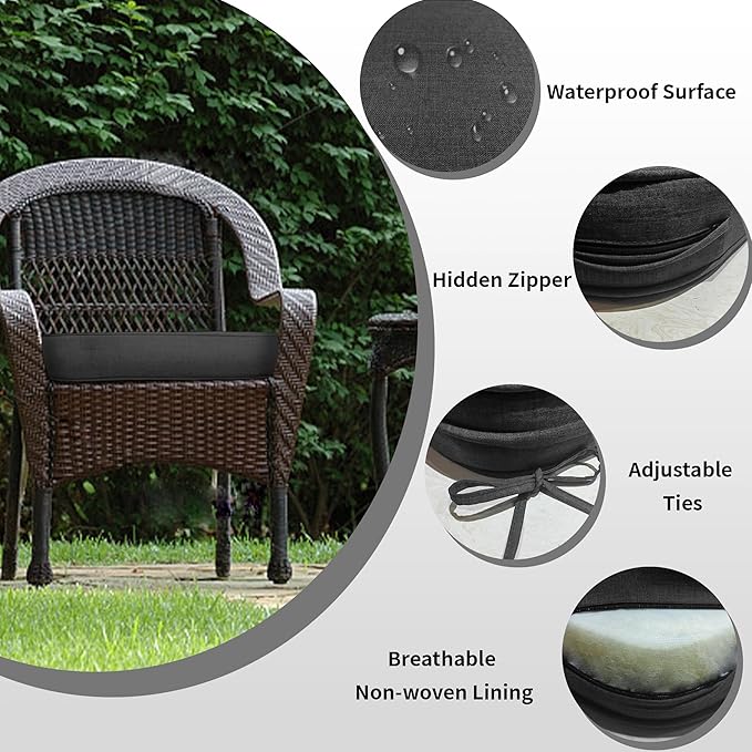 17"x 16"x 3" Patio Chair Cushions Set of 2, Waterproof Outdoor Chair Cushions, Patio Seat Cushion with Adjustable Ties, Grey