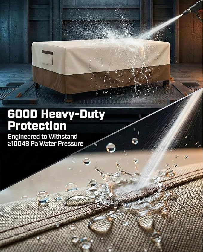 Waterproof Patio Coffee Table Cover, 600D Heavy Duty Outdoor Furniture Covers, Weather & UV Resistant, Windproof with Buckles, Rectangular Table Cover for Backyard Patio 42 x 26 x 16 in, Beige & Brown