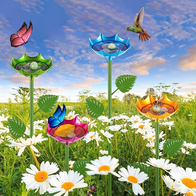 Bee Watering Station | 4 Pack Butterfly Feeder for Outside | Metal Decorative Garden Stakes | Bee Baths for Garden Yard Decor Umbrella Design (Red,Green,Blue,Yellow)