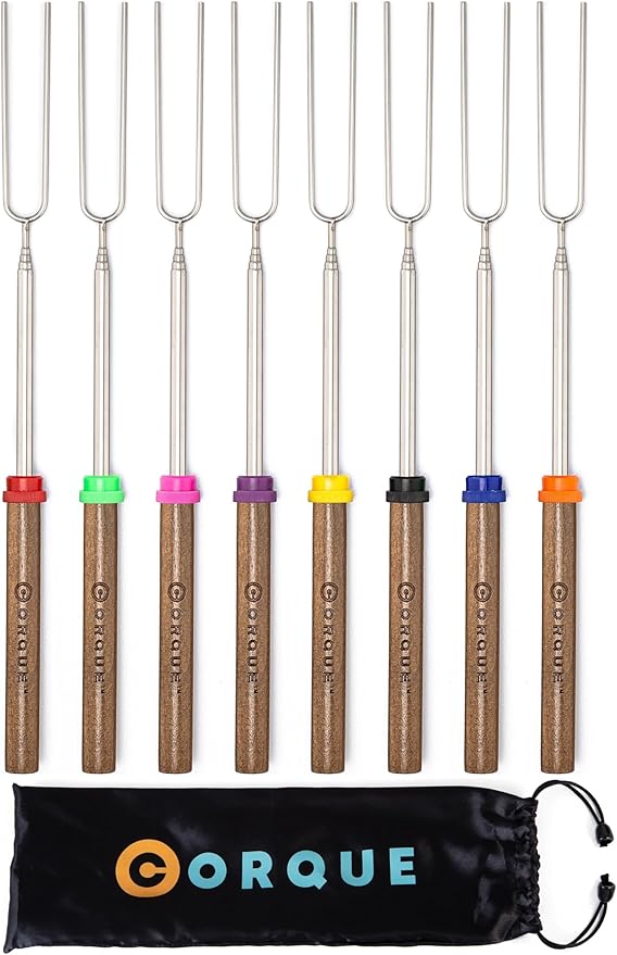 CORQUE Marshmallow Roasting Sticks, Smores Sticks, Extendable, Camping Skewer for Fire Pit, Wooden Handle, 32inch Metal for BBQ Hotdog, Cooking, Campfires, Bonfires, Set of 8