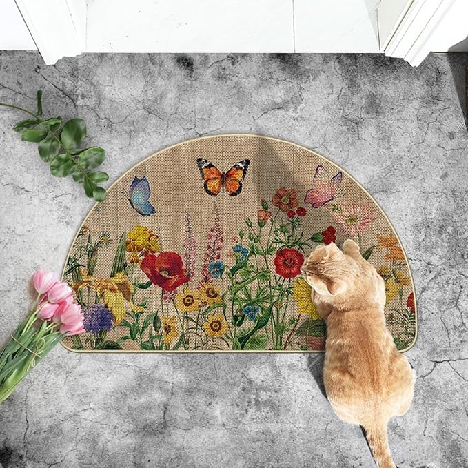 Artoid Mode Wood Flowers Butterfly Spring Semicircular Doormat, Home Summer Decor Low-Profile Switch Rug Door Mat Floor Mat for Indoor Outdoor 17x29 Inch