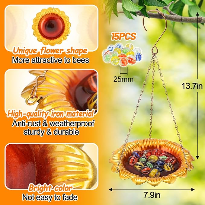 Bee Feeder with Vivid Sunflower Design - Anti-Rust Iron Bee Watering Station for Feeding, Colorful Butterfly Bath Bowl Cup with 15 Glass Marbles for Outdoor Yard Garden Decor Gifts (Gold)