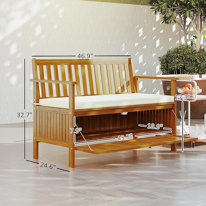 Outsunny Outdoor Bench with Storage Box, 28 Gallon Outdoor Storage Bench, Acacia Wood Garden Seat with Cushion, 2 Seater Patio Furniture for Park, Balcony, Teak
