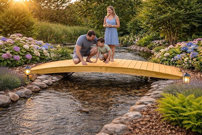 12 FT Oak Amish Made Pinewood Heavy Duty Garden Bridge for Walkway, Backyard Pond & Landscaping, Outdoor Wooden Footbridge for Koi Pond, Japanese Style Decorative Bridge, Made in USA