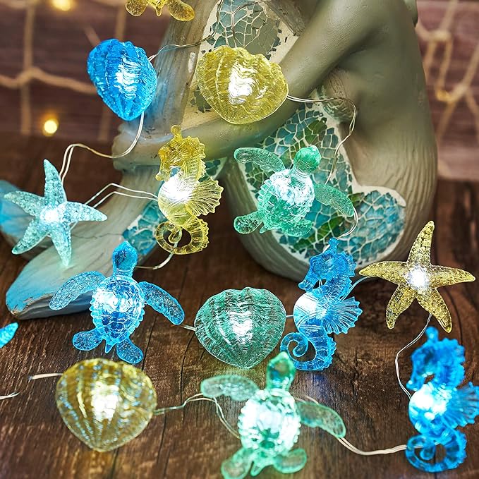 Nautical Theme Outdoor Solar Fairy Lights Ocean Décor Beach Decorative String Light Solar Power Seahorse Sea Turtle Starfish Shell Garden Night Lights 40LED 14ft Balcony Front Porch Tree Trunks