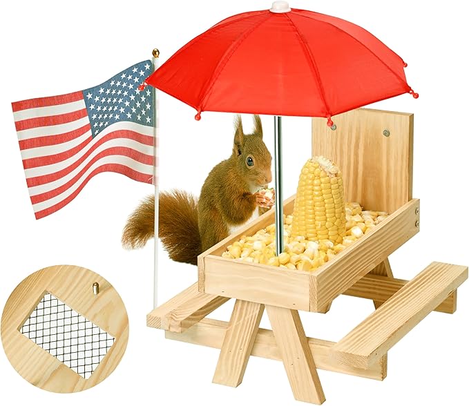 Squirrel Feeder Picnic Table with Umbrella, Wooden Squirrel Feeders for Outside with Corn Cobs Holder Cute Chipmunk Feeder, Easy to Fill with Removable Front Panel
