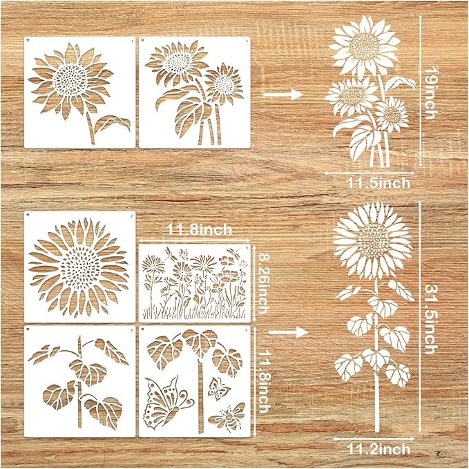 Large Sunflower Stencil Fence Stencils for Outdoors Reusable Floral Templates Large Flower Stencils for Painting on Wood Fence Garden Wall Mural DIY Crafts Canvas Fabric Furniture(sunflower9)