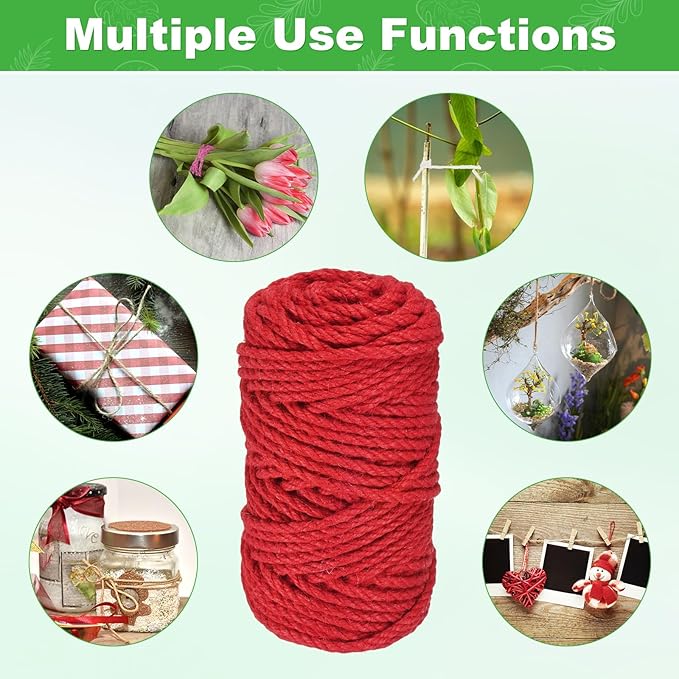 1-Pack Natural Jute Twine String, 4.5mm x 164ft/50m Long Garden Twine String for Crafts/Gift Wrapping/Gardening Plants, Durable Plant Ties Thick Rope [Red]