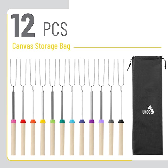 UNCO- Marshmallow Roasting Sticks, 32", 12 Pack, Extendable Stainless Steel Smores Sticks for Fire Pit, Smores Skewers, Campfire Cooking Equipment