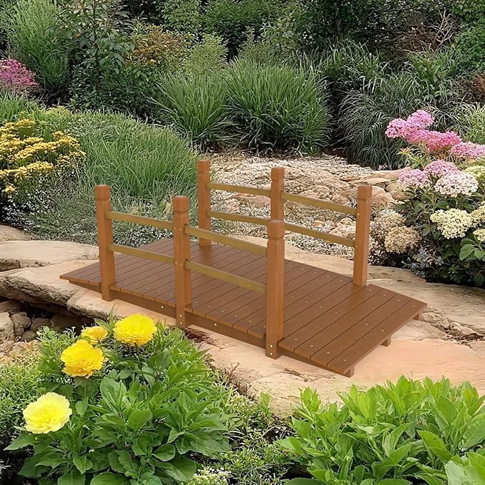 Outvita 5 ft Garden Wooden Bridge Arch Natural Finish with Safety Rails Outdoor Footbridge for Backyard Creek Farm, Decorative Pond Bridge