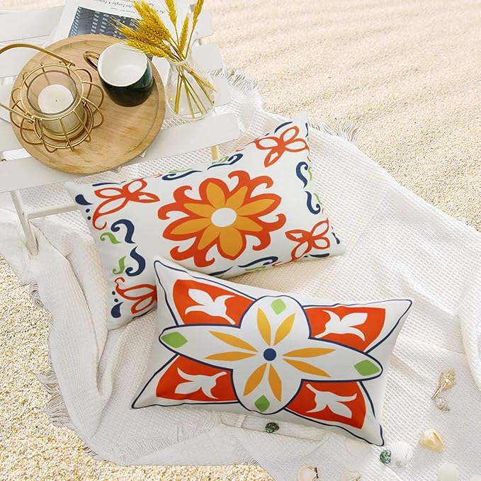 Pyonic Outdoor Waterproof Throw Pillow Covers for Patio Furniture Decorative Boho Pillow Covers 12x20 Floral Printed for Patio Tent Couch Garden Set of 4,Orange