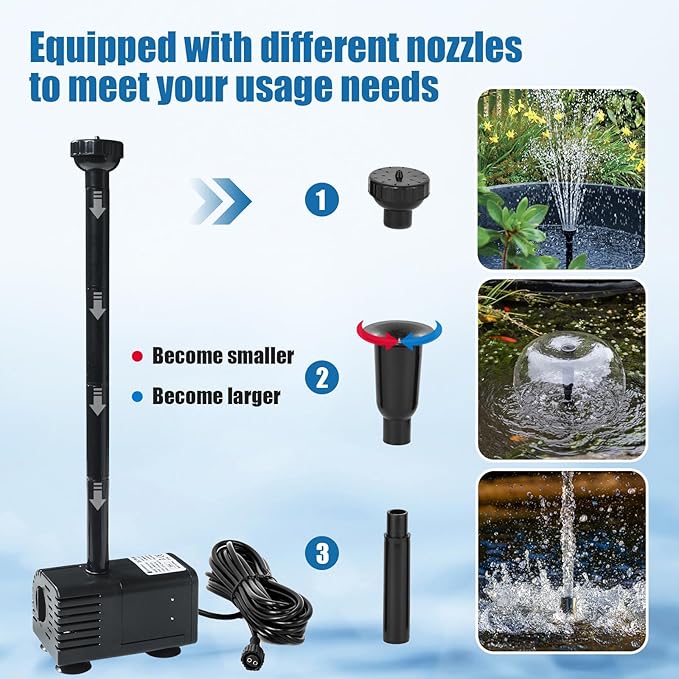 ECO-WORTHY 216 GPH Solar Powered Water Fountain Pump Upgraded Dry-run Protection Brushless Submersible Pump 12V-24V DC with 16.4ft(5M) Power Cord, 7.8 ft High Lift，2Nozzles for Pond, Aquarium