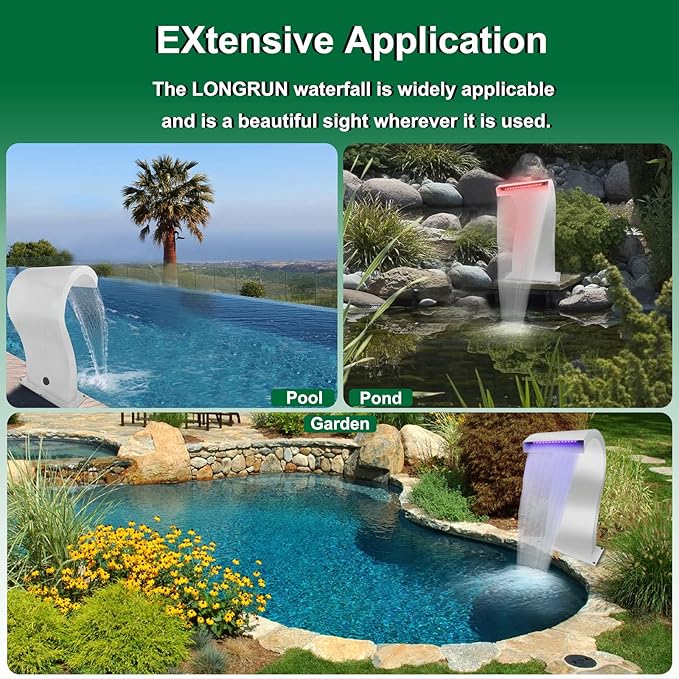LONGRUN S-Shaped Waterfall Spillway Stainless Steel Swimming Pool Fountain with Color Changing LED Light, Outdoor Pond Waterfalls Kit for Garden Patio Swimming Pool Koi Ponds Decoration -20.2" Height