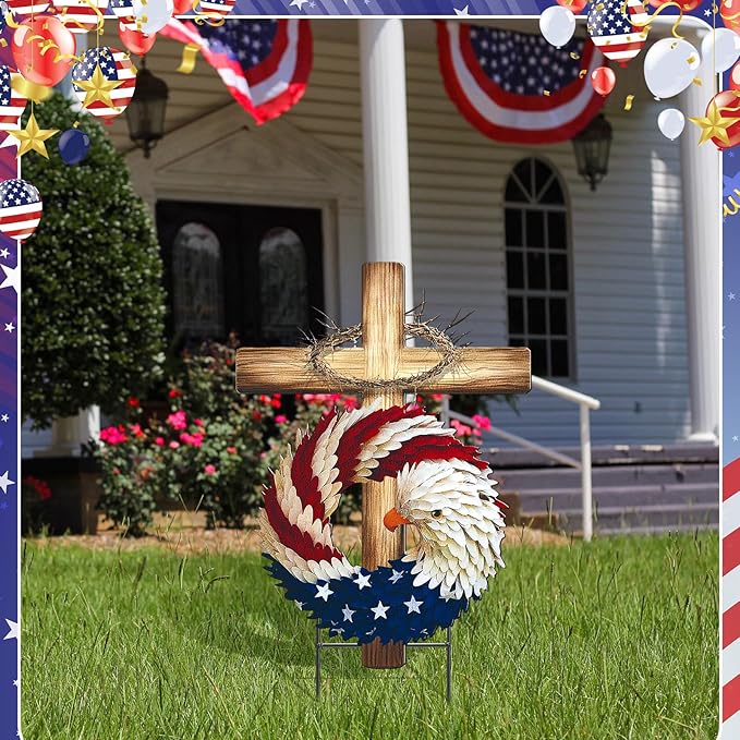 Amyhill 250th Anniversary Decorations, Patriotic Eagle Cross Metal Garden Stakes,4th of July Red White Blue Welcome Yard Signs, Flat Patriotic Outdoor Decor for Independence Day Patio Lawn Walkway