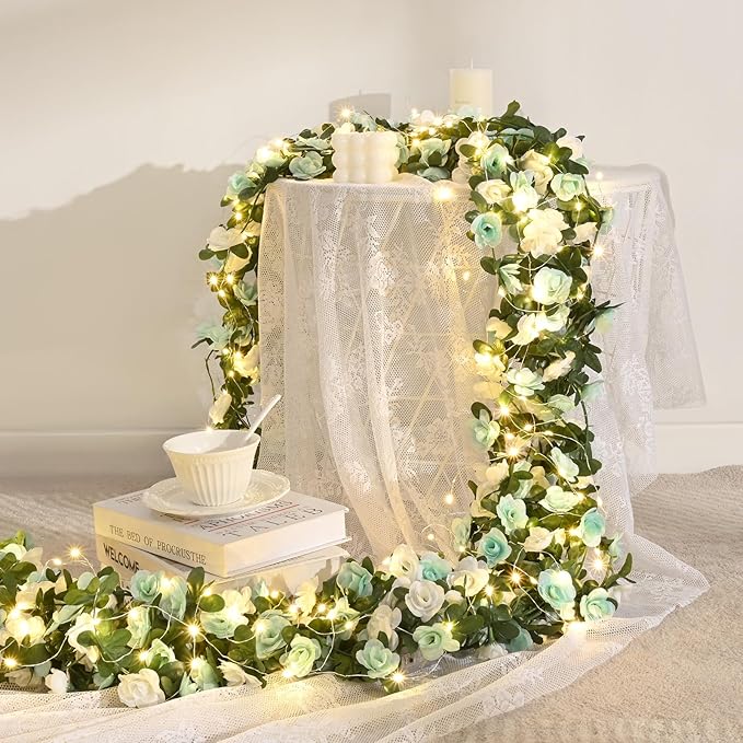 BLEUM CADE 5Pcs 41Ft Flower Garland Artificial Rose Vines with 32.8Ft String Lights, Cute Fake Hanging Flower Vines Floral Garland Decorations for Wedding Party Wall Room Decor Aesthetic