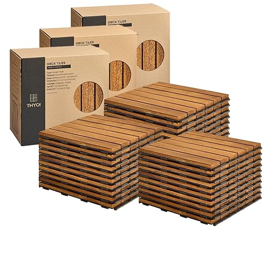 30 Pcs Deck Tiles, Patio Flooring - Outdoor Waterproof Acacia Wood Tiles for All Weather Use - Balcony, Backyard, Indoor & Outdoor (Golden Teak Striped Pattern, 30 Square Ft)