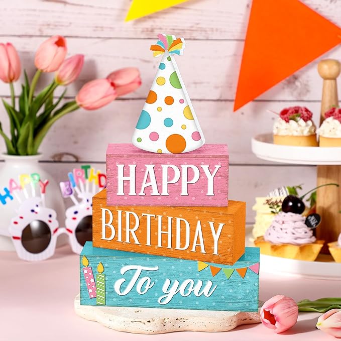 4 Pcs Birthday Table Decor Happy Birthday Wooden Sign Blocks Farmhouse Colorful Tiered Tray Decor Rustic Tabletop Centerpieces for Home Office Desk Shelf Mantel Party Decoration Supplies