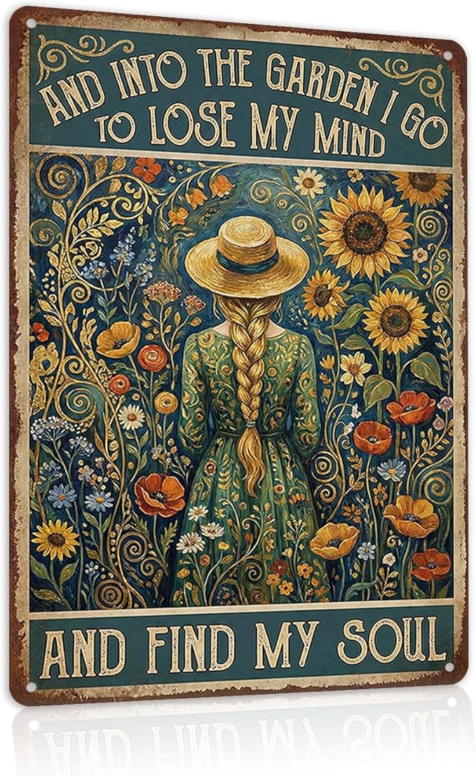 Van Gogh Style Garden Tin Sign - "Into The Garden I Go" Inspirational Metal Plaque with Sunflowers & Girl - 8x12 Aluminum Wall Decor - Metal Sign Artistic Garden Art for Shed, Gardeners, Mom, Women