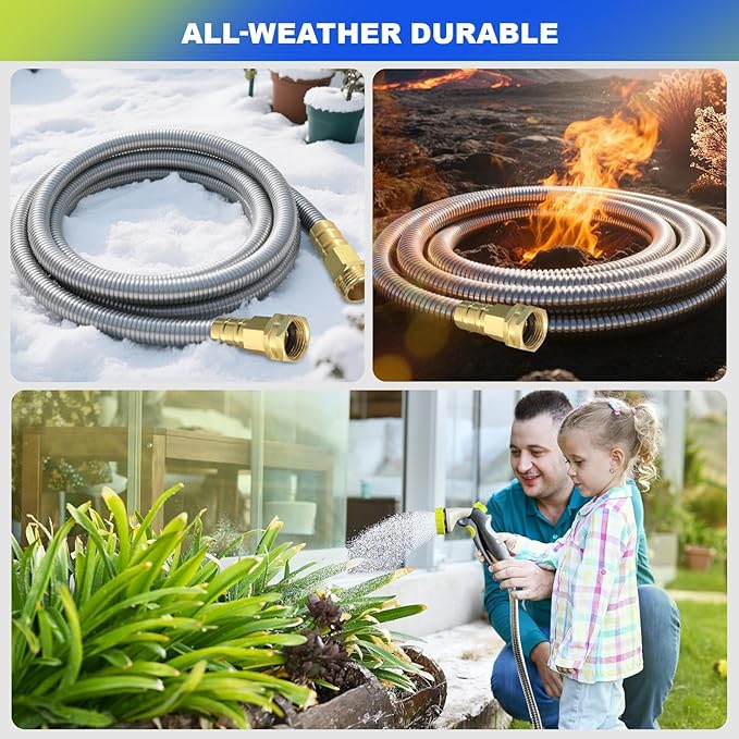 Metal Garden Hose 100 ft – 304 Stainless Steel Water Hose with Nozzle Sprayer, Garden Hoses Flexible, Lightweight, No Kink, Heavy Duty for Outdoor (100 ft)