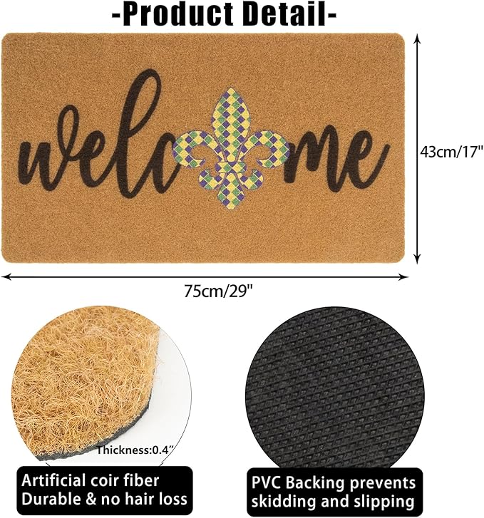 Mardi-Gras-Welcome-Doormat Outdoor-Entrance Fleur-De-Lis Door Mat Non Slip Coir Holiday Mats for Carnival Home Decor