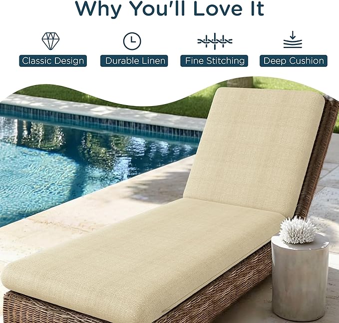Codi Outdoor Chaise Lounge Chair Cushions 80"x26"x3.5" – Linen Texture, Fade Resistant, Waterproof, Removable Cover, Thick Soft Padding for Patio Furniture & Pool Relaxation, Beige