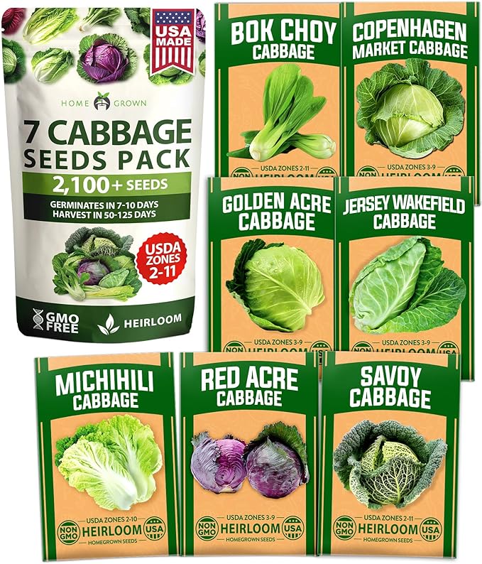 HOME GROWN Cabbage Seeds 7 Variety Mix 2000+ Heirloom Non-GMO, High Germination, Bok Choy, Red & Green Acre, Savoy, Napa Michihili, Copenhagen Market, Jersey Wakefield, Cold Hardy