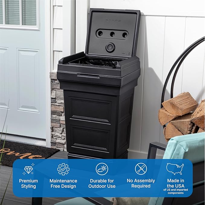 Step2 Atherton Large Garbage Container, Indoor/Outdoor Trash Can with Lid, Weather Resistant, Made of Durable Plastic, Weather-Resistant, Onyx Black