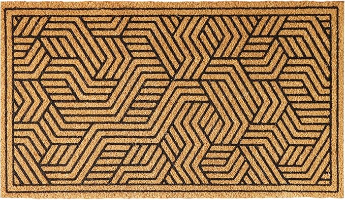 Welcome Doormats, Natural Coco Coir Mats with Non-Slip PVC Backing, Indoor Outdoor Mats for Home & Office, Floor Rugs for Door Decor, Geometric Porch Rug with Black Maze Pattern, 30"x17"
