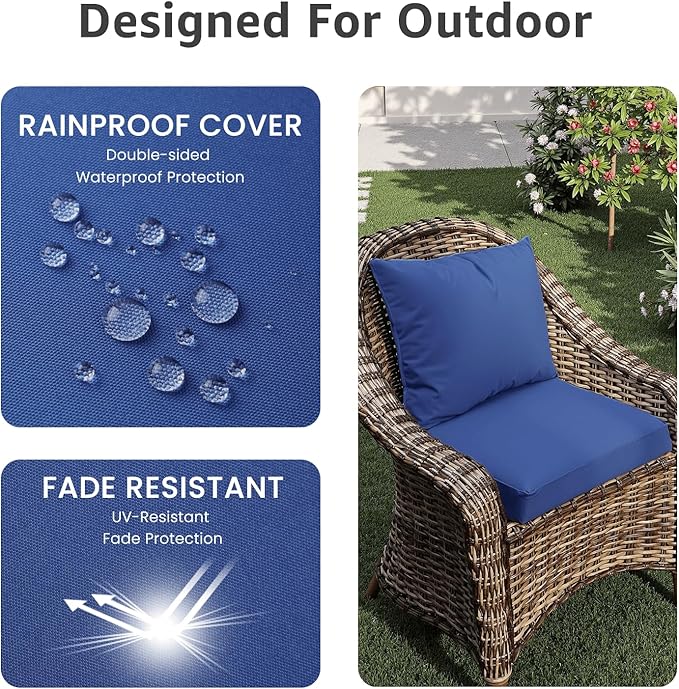 Outdoor Chair Cushions 20 x 20 x 3 Inch, Waterproof & Fade Resistant Patio Seat Cushion for Furniture with Handle and Ties, Thick Seating Pads for Outside Sofa Couch Set of 2, Blue