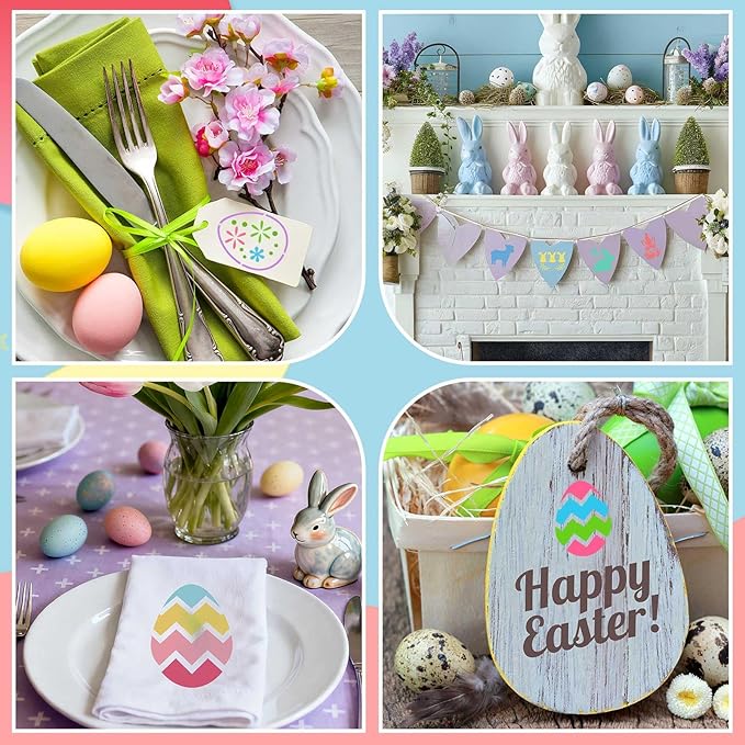 80 Pieces 3 x 3 Inch Easter Reusable Plastic Art Craft Kits for DIY Painting Art Projects Wood Wall Floor Fabric Furniture Tile Holiday Stencils Decorations Easter Egg Stencils Craft Kits