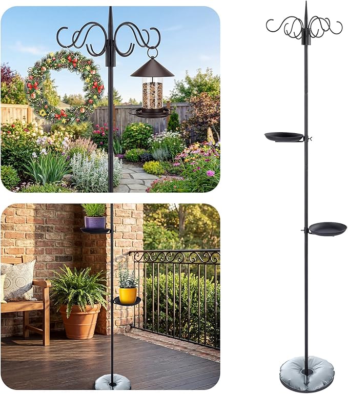 1 Set 75.9" Shepherd's Hook Stand for Bird Feeder, Hanging Plant, Wind Chime, Waterproof Metal & Adjustable Standing Pole Holder for Indoor Outdoor, with 2 Rack & Weight Bag (4 Hooks)
