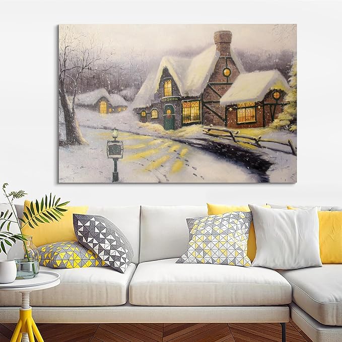 STUDIO HAVEN Thomas Kinkade Canvas Wall Art, Snowy Cottage Thatched Roof Glowing Windows Lantern Winter Serenity Cozy Oil Painting Poster Winter Wall Decor, Framed Prints for Home Decor, 36x24Inch