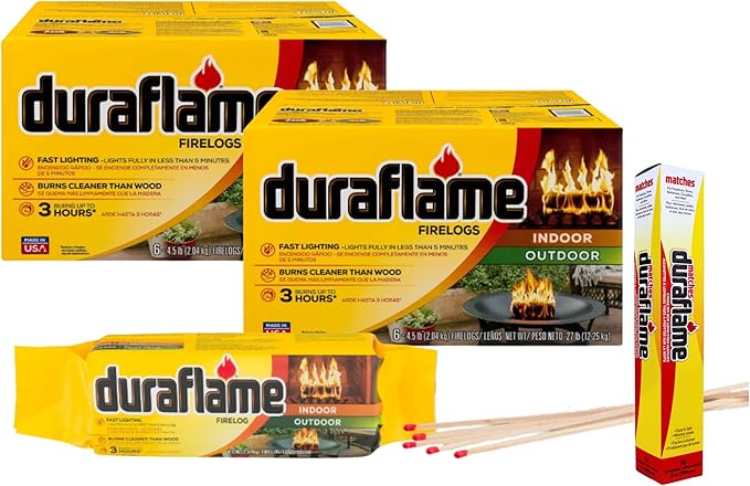 Duraflame 12-Pack Indoor/Outdoor Logs for Fireplace & Fire Pit, 3-Hour Burn, 4.5lb Each (2 Pack + Matches)