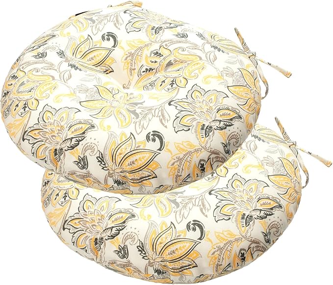 Bistro Chair Cushions 15 inch,Set of 2,Tufted Round Chair Cushions with Ties,15"x15"x4",Water Resistant Round Seat Cushion for Barstool Chairs,Patio Garden Kitchen Outdoor Furniture(Yellow Flower)