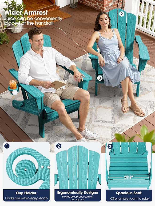KINGYES Folding Adirondack Chair Set of 4, HDPE All-Weather Patio Chairs with Cup Holder, Wooden Textured Fire Pit Chairs for Poolside, Backyard, Deck, Aruba
