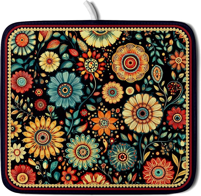 Bohemian Style Flowers Drying Pad Boho Floral Dish Drying Mat for Kitchen Counter Absorbent Microfiber Drainer Rack Mat