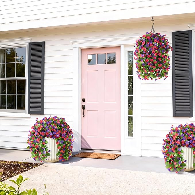 Artificial Fake Hanging Flowers for Outdoors, 2 Pcs Artificial Hanging Plants Outdoors Spring Summer Decor, UV Resistant Faux Violet Silk Flowers for Planters Front Door Yard Garden(Purple Rose Red)