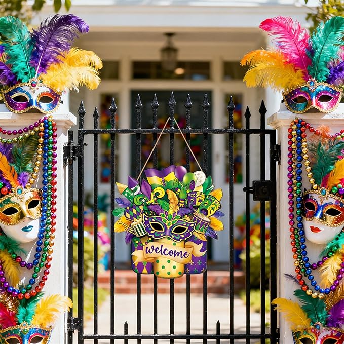 Wooden Mardi Gras Wreath for Front Door Sign Mason Jar Carnival Welcome Door Decoration, New Orleans Hanging Crafts for Wall Home Farmhouse Outdoor Indoor Holiday Party Decor Masquerade Hanger