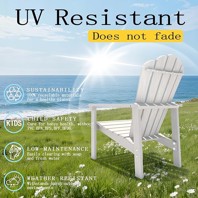 Stackable Adirondack Chair Set of 2, HDPE All-Weather Adirondack Chairs - Durable and Space Saving, Plastic Outdoor Fire Pit Chairs with Cup Holder,White
