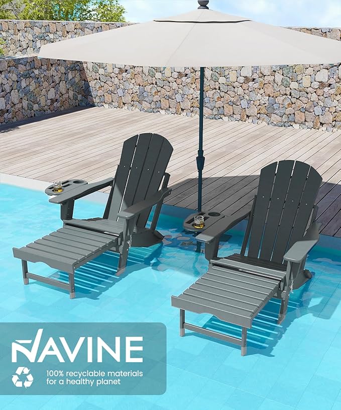 Adjustable Adirondack Chair with Retractable Ottoman, HDPE Folding Adirondack Chair with Cup Holder, All Weather Fire Pit Chair for Outdoor.