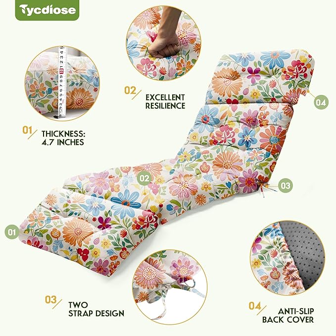 Outdoor Chaise Lounge Chair Cushion Waterproof 74.4 x 22 x 4.7 Inches Memory Foam Lounge Chair Cushions for Outdoor Furniture with Ties, Thickened Pool Lounger Cushion, Colorful Daisy