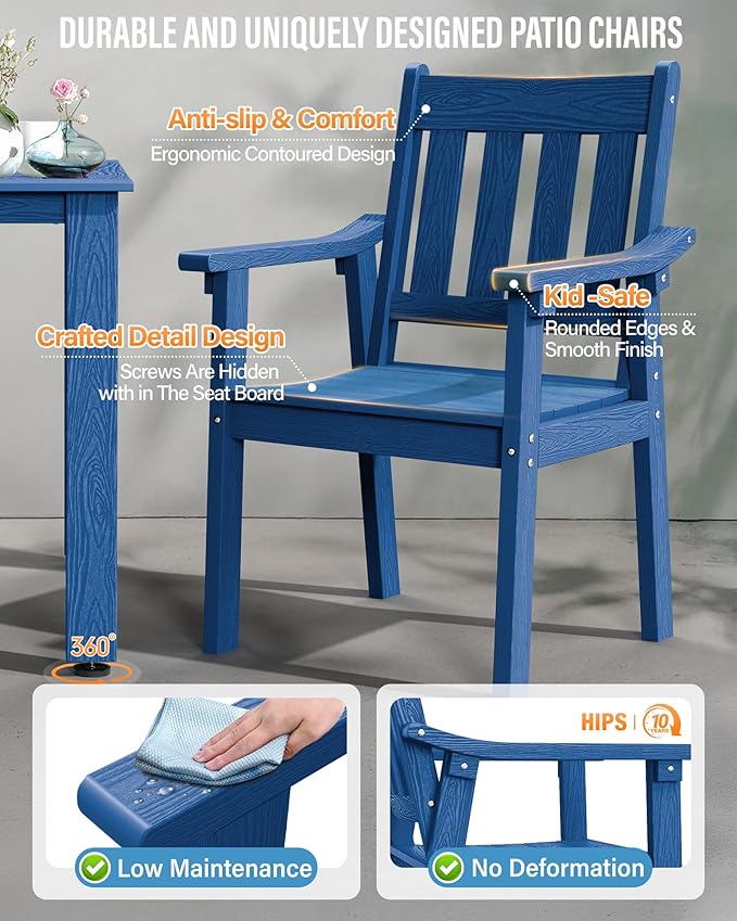 YEFU Outdoor Patio Chairs Set of 2: All Weather Outdoor Dining Chairs with Wide Curved Seat and Backrest - Plastic Patio Chairs for Outside Backyard/Garden/Pool/Porch/Deck 350lbs Capacity Blue