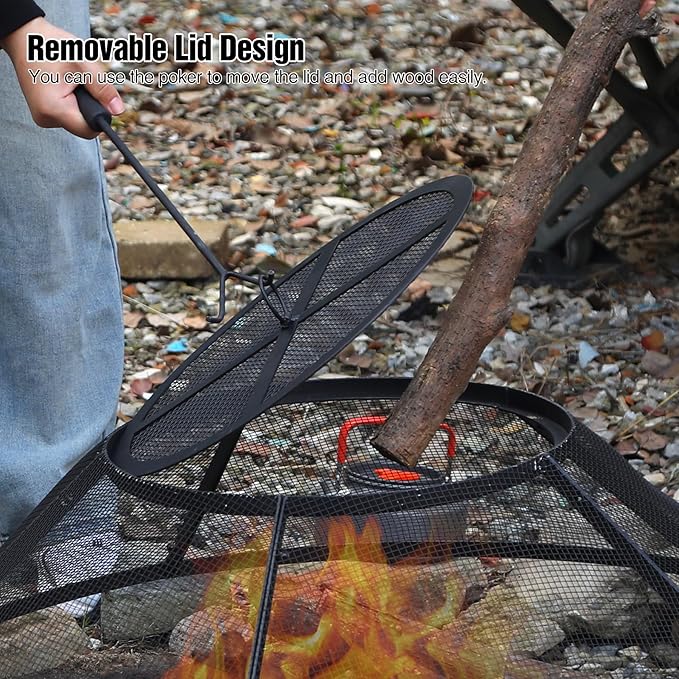 Lineslife Fire Pit Spark Screen 36 Inch with Top Cover Round, Heavy Duty Collapsible Outdoor Fire Pit Mesh Screen, Metal Fire Pit Top Lid with Ring Handle for Patio Backyard, Black